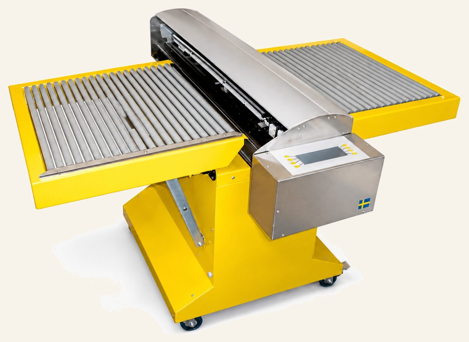 La stampante alimentare Artix 3000 con il coperchio in acciaio inox sollevato, i piani di alimentazione a rulli ai lati del piano di stampa e il pannello di comando sulla parte anteriore