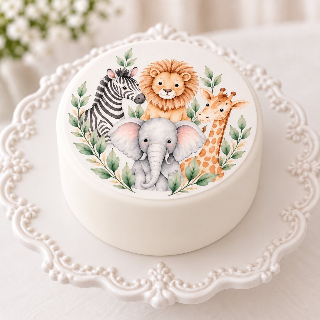 Design safari stampato direttamente su fondant liscio, con bordi netti