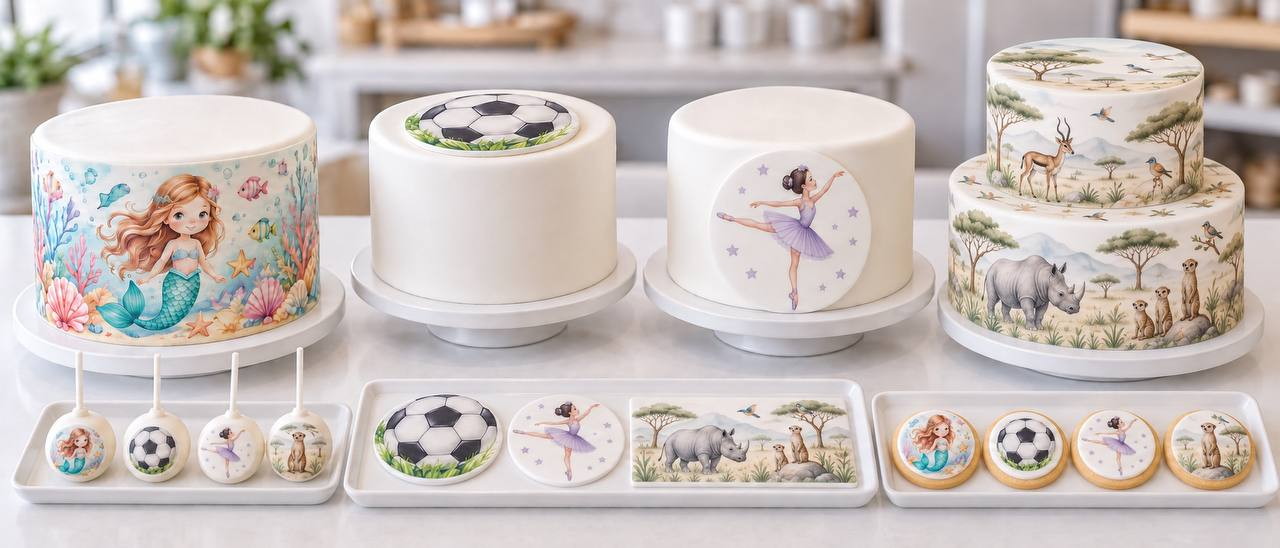 Torte e topper per cupcake stampati con design sirena, calcio, ballerina e safari