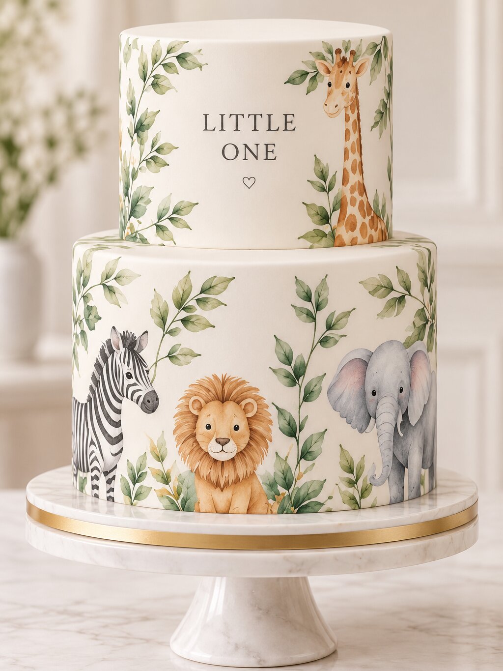 Torta a due piani «Little One» su un piedistallo di marmo, stampata con una giraffa, una zebra, un leone e un elefante in stile safari
